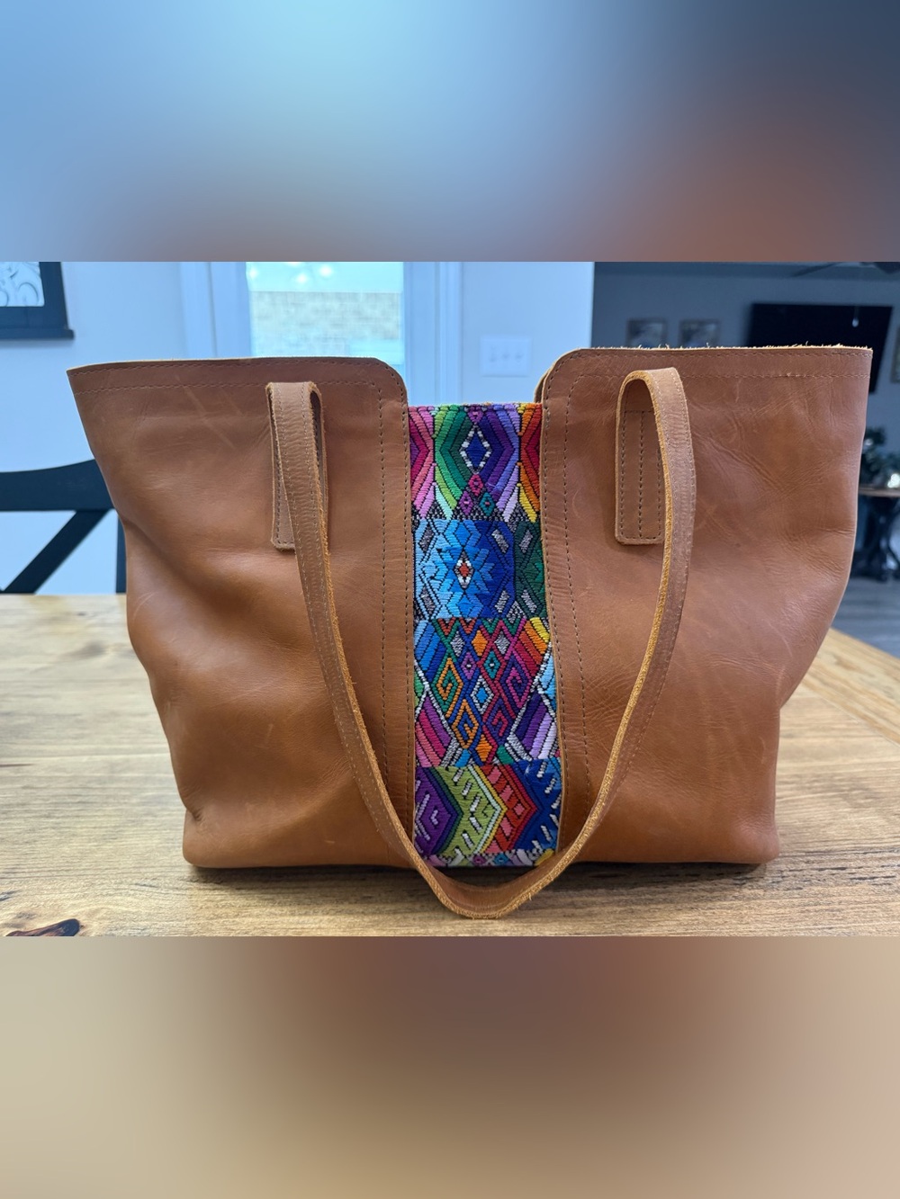 Hasta La Vista Exports Honey Leather Tote Shoulder Bag Woven Multicolor Center